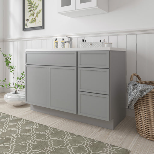 48-inch gray bathroom vanity cabinet without top, angled side view showing 2 doors and 3 drawers
