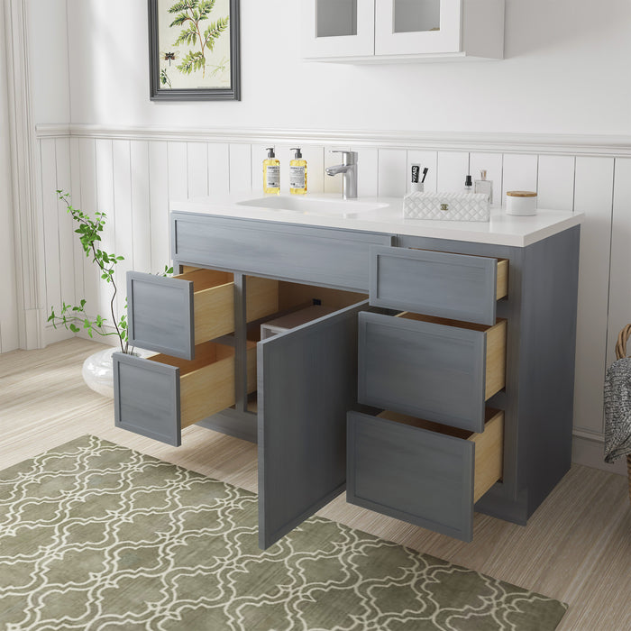51" Oak Bathroom Vanity Cabinet without Top - 5 Drawers & 1 Door