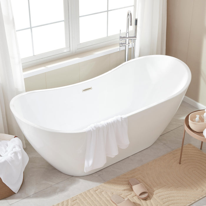 71" x 32" Modern Acrylic Oval Single Slipper Freestanding Soaking Bathtub with Brushed Nickel Drain - VA6517