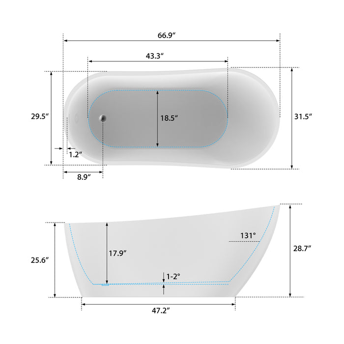 55"or 67" Freestanding Acrylic Bathtub Modern Stand Alone Soaking Tub