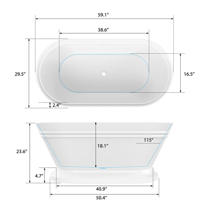 59" x 30" Freestanding White Acrylic Bathtub, Modern Stand Alone Soaking Bathtub with Slotted Overflow and Pop-up Drain