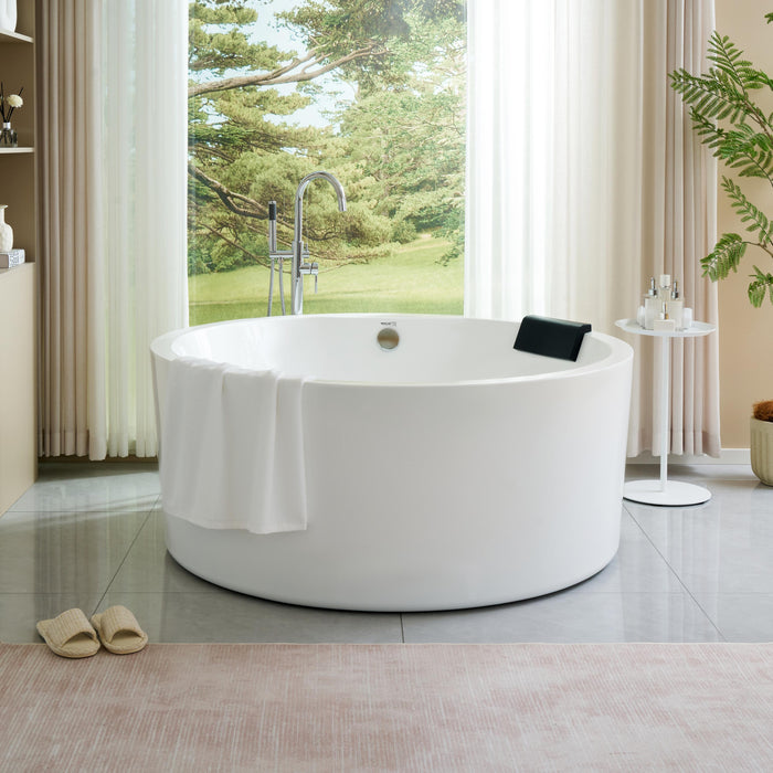 59" x 59" Freestanding Acrylic Bathtub, Modern Stand Alone Soaking Tub with Chrome Finish Round Overflow and Pop-up Drain