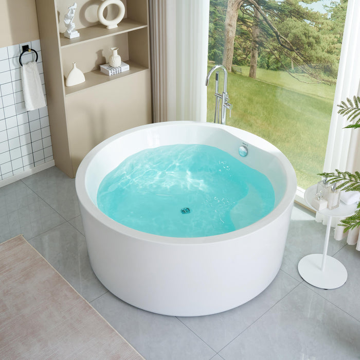 59" x 59" Freestanding Acrylic Bathtub, Modern Stand Alone Soaking Tub with Chrome Finish Round Overflow and Pop-up Drain