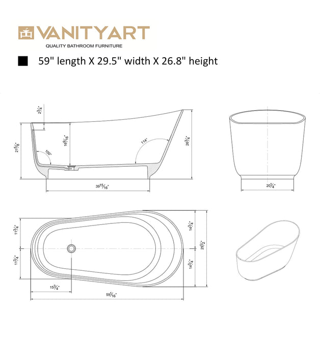 67" or 59" Flatbottom Freestanding Solid Surface Resin Stone Bathtub