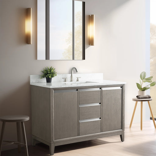 HomeBeyond 48-inch single sink bathroom vanity in gray oak finish with brushed nickel hardware and white marble top