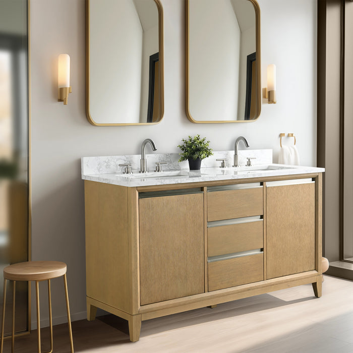 54" Double Sink Bathroom Vanity with Engineered Marble Top, With Soft Closing Doors