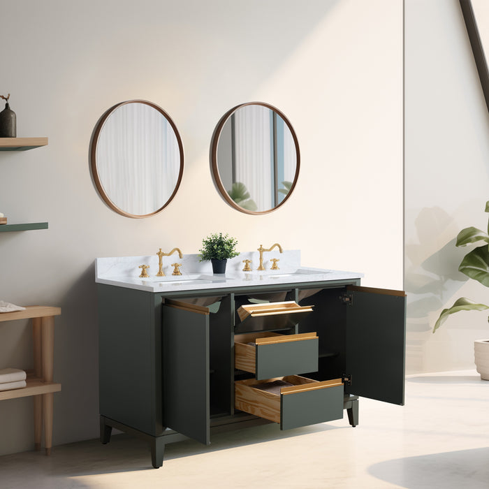 54" Double Sink Bathroom Vanity with Engineered Marble Top, With Soft Closing Doors