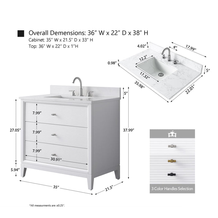 36" Single Sink Modern Freestanding Solid Wood Bathroom Vanity Set with White Engineered Marble Top – Storage Cabinet with Soft-Closing Doors & Drawers VA8136