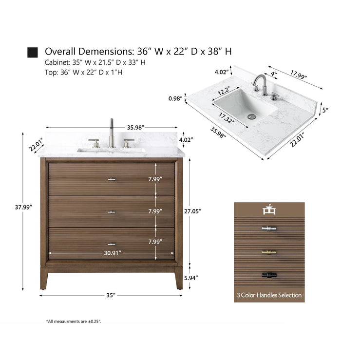 36" Single Sink Modern Freestanding Solid Wood Bathroom Vanity Set with White Engineered Marble Top – Storage Cabinet with Soft-Closing Doors & Drawers VA8136