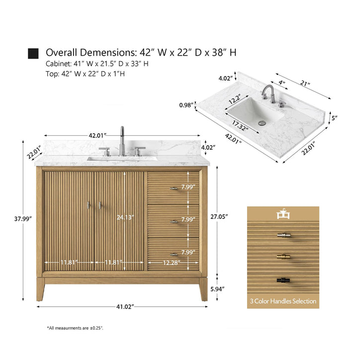 42" Single Sink Modern Freestanding Solid Wood Bathroom Vanity Set with White Engineered Marble Top – Storage Cabinet with Soft-Closing Doors & Drawers VA8142
