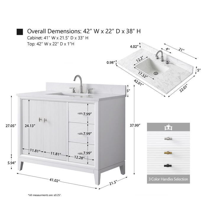 42" Single Sink Modern Freestanding Solid Wood Bathroom Vanity Set with White Engineered Marble Top – Storage Cabinet with Soft-Closing Doors & Drawers VA8142