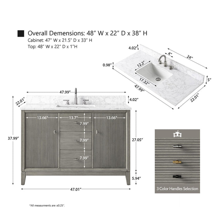 48" Single Sink Modern Freestanding Solid Wood Bathroom Vanity Set with White Engineered Marble Top – Storage Cabinet with Soft-Closing Doors & Drawers VA8148
