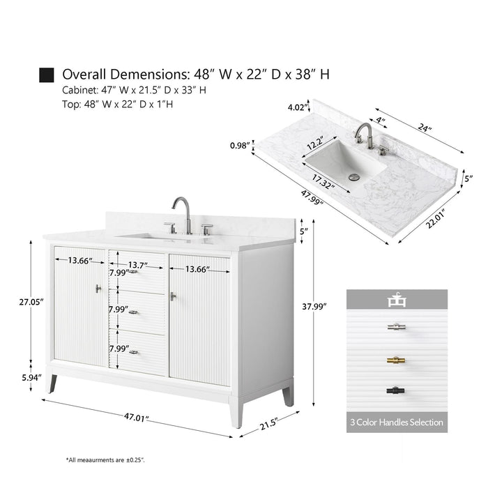 48" Single Sink Modern Freestanding Solid Wood Bathroom Vanity Set with White Engineered Marble Top – Storage Cabinet with Soft-Closing Doors & Drawers VA8148