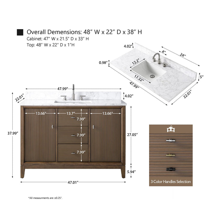 48" Single Sink Modern Freestanding Solid Wood Bathroom Vanity Set with White Engineered Marble Top – Storage Cabinet with Soft-Closing Doors & Drawers VA8148