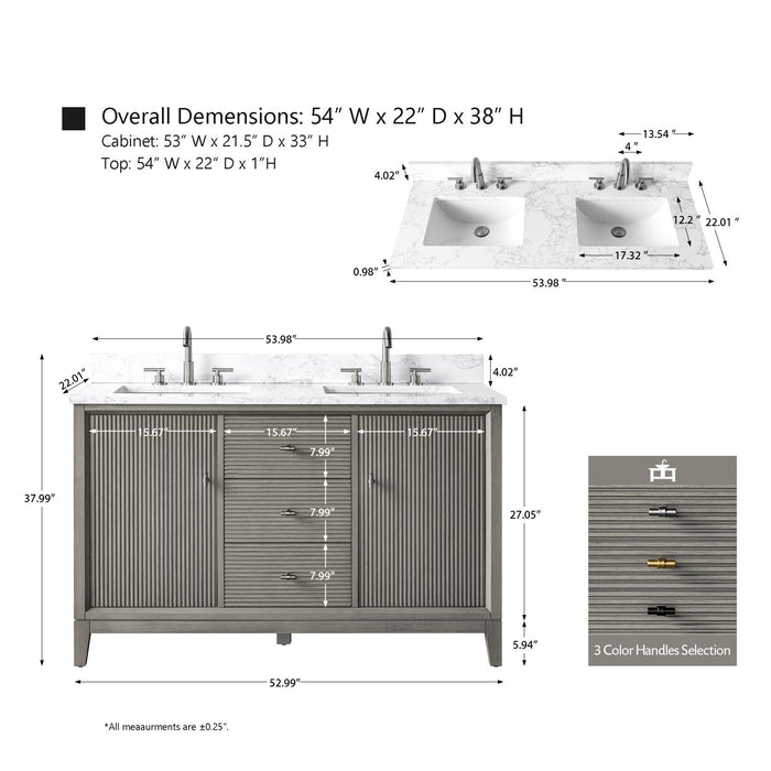 54" Double Sink Modern Freestanding Solid Wood Bathroom Vanity Set with White Engineered Marble Top – Storage Cabinet with Soft-Closing Doors & Drawers VA8154D