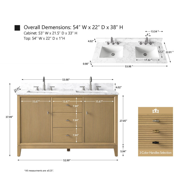 54" Double Sink Modern Freestanding Solid Wood Bathroom Vanity Set with White Engineered Marble Top – Storage Cabinet with Soft-Closing Doors & Drawers VA8154D