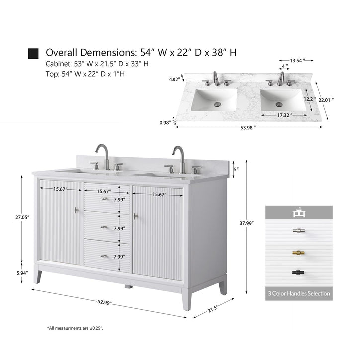 54" Double Sink Modern Freestanding Solid Wood Bathroom Vanity Set with White Engineered Marble Top – Storage Cabinet with Soft-Closing Doors & Drawers VA8154D