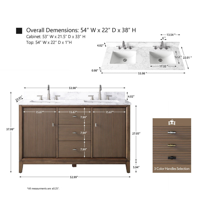 54" Double Sink Modern Freestanding Solid Wood Bathroom Vanity Set with White Engineered Marble Top – Storage Cabinet with Soft-Closing Doors & Drawers VA8154D