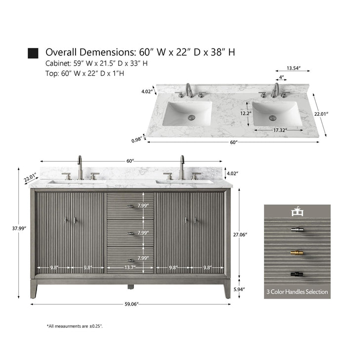 60" Double Sink Modern Freestanding Solid Wood Bathroom Vanity Set with White Engineered Marble Top – Storage Cabinet with Soft-Closing Doors & Drawers VA8160D