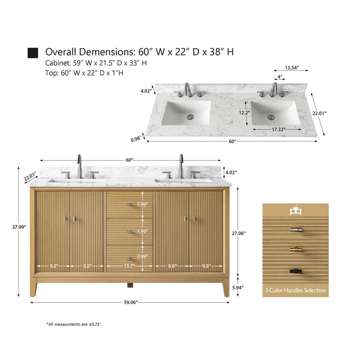 60" Double Sink Modern Freestanding Solid Wood Bathroom Vanity Set with White Engineered Marble Top – Storage Cabinet with Soft-Closing Doors & Drawers VA8160D
