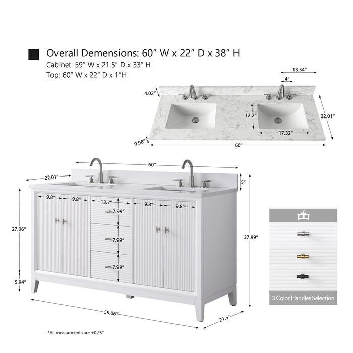 60" Double Sink Modern Freestanding Solid Wood Bathroom Vanity Set with White Engineered Marble Top – Storage Cabinet with Soft-Closing Doors & Drawers VA8160D