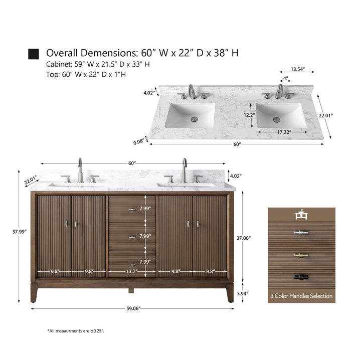 60" Double Sink Modern Freestanding Solid Wood Bathroom Vanity Set with White Engineered Marble Top – Storage Cabinet with Soft-Closing Doors & Drawers VA8160D