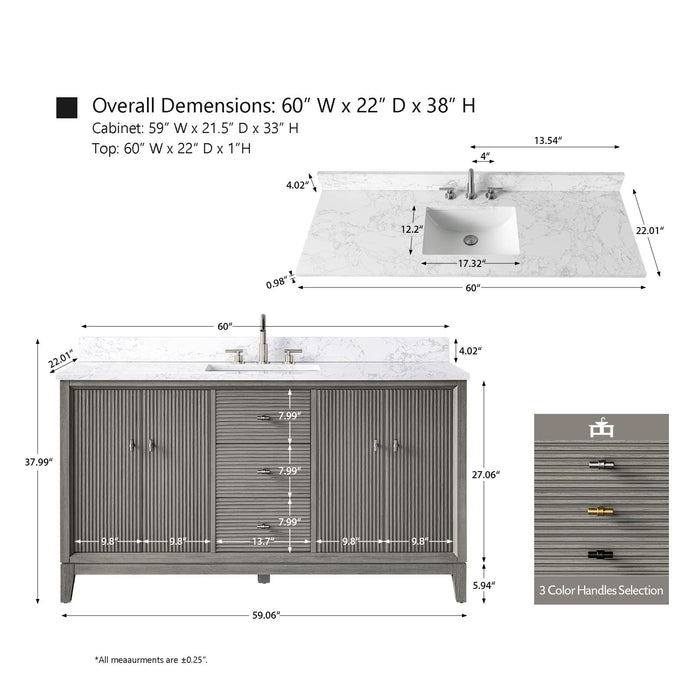 60" Single Sink Modern Freestanding Solid Wood Bathroom Vanity Set with White Engineered Marble Top – Storage Cabinet with Soft-Closing Doors & Drawers VA8160S
