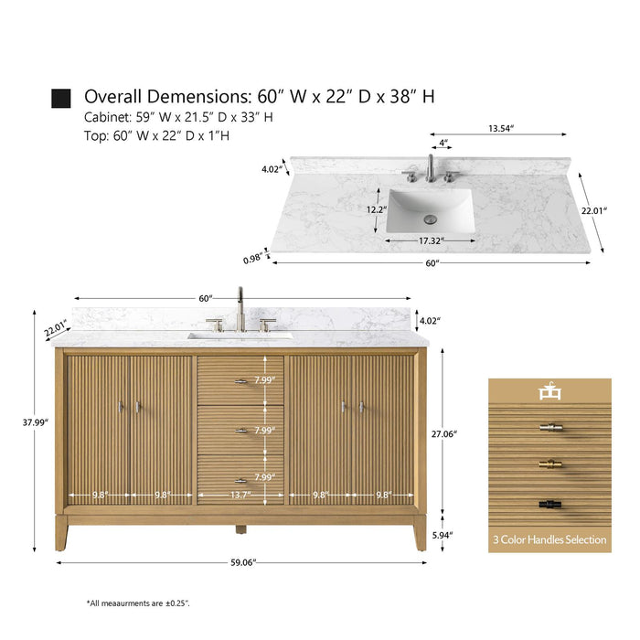 60" Single Sink Modern Freestanding Solid Wood Bathroom Vanity Set with White Engineered Marble Top – Storage Cabinet with Soft-Closing Doors & Drawers VA8160S