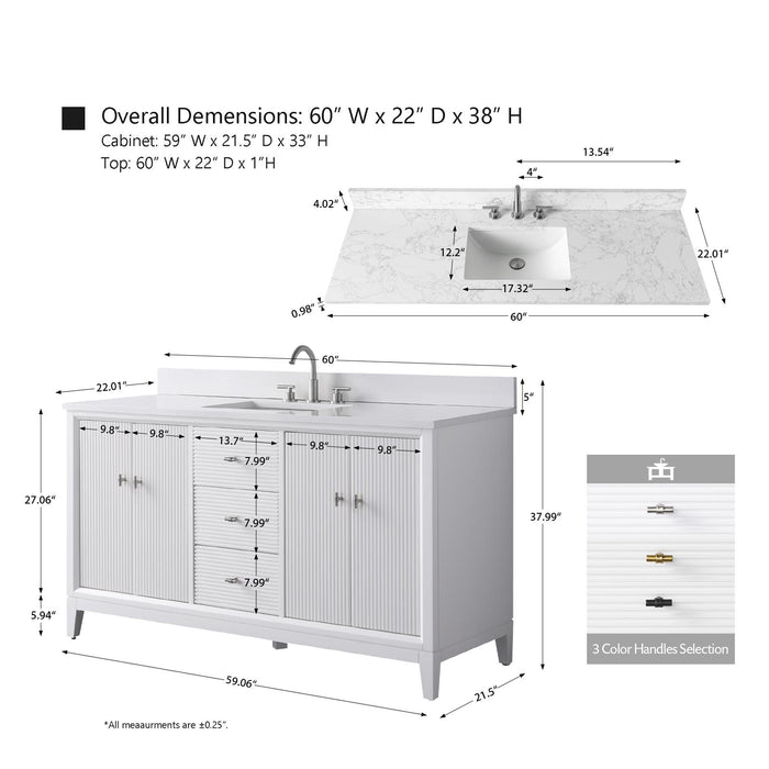 60" Single Sink Modern Freestanding Solid Wood Bathroom Vanity Set with White Engineered Marble Top – Storage Cabinet with Soft-Closing Doors & Drawers VA8160S