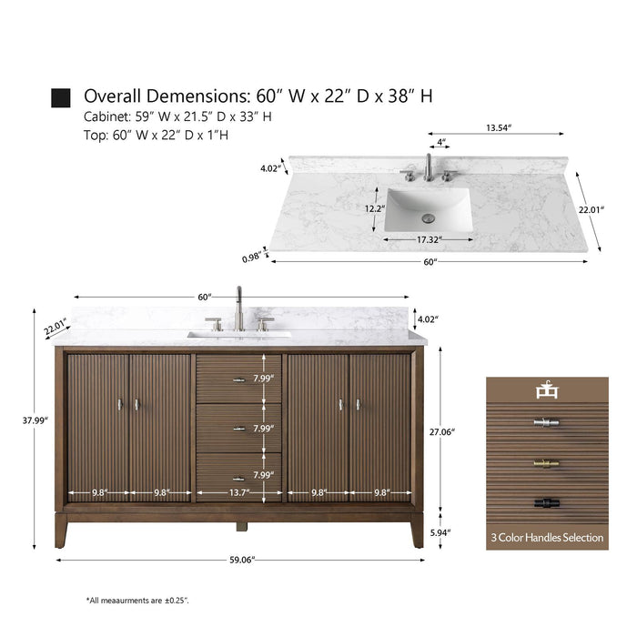 60" Single Sink Modern Freestanding Solid Wood Bathroom Vanity Set with White Engineered Marble Top – Storage Cabinet with Soft-Closing Doors & Drawers VA8160S