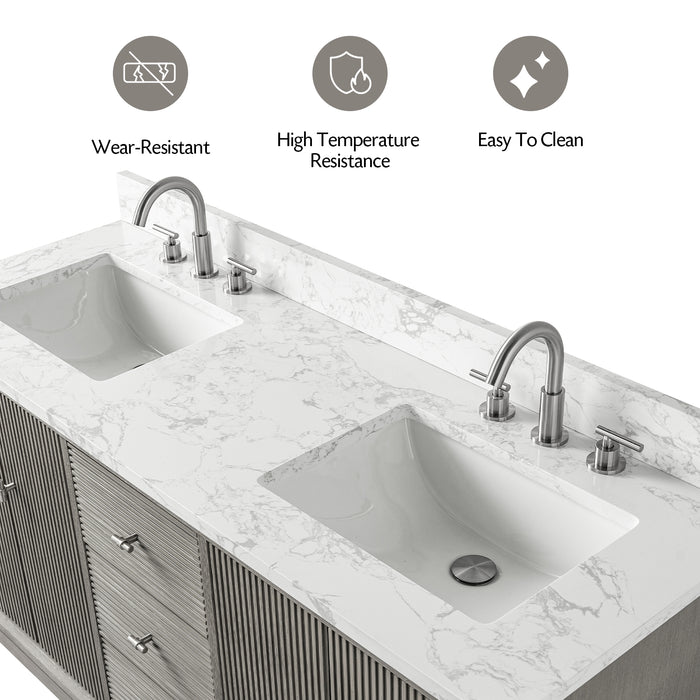 72" Double Sink Modern Freestanding Solid Wood Bathroom Vanity Set with White Engineered Marble Top – Storage Cabinet with Soft-Closing Doors & Drawers VA8172D