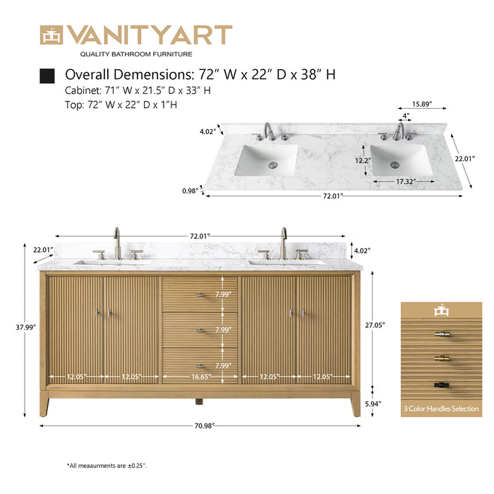 72" Double Sink Modern Freestanding Solid Wood Bathroom Vanity Set with White Engineered Marble Top – Storage Cabinet with Soft-Closing Doors & Drawers VA8172D