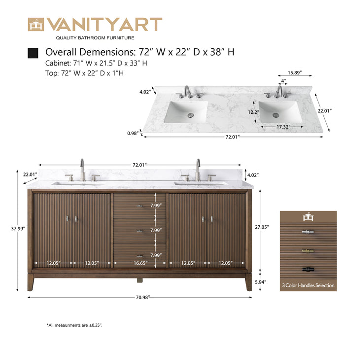 72" Double Sink Modern Freestanding Solid Wood Bathroom Vanity Set with White Engineered Marble Top – Storage Cabinet with Soft-Closing Doors & Drawers VA8172D