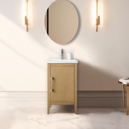 20 inch natural oak single sink bathroom vanity with chrome faucet, oval mirror, brass wall sconces in warm bathroom