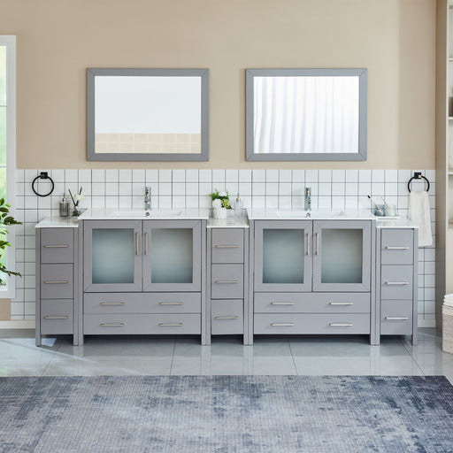 Brescia 108-inch double sink bathroom vanity in metal gray with chrome hardware and two framed mirrors