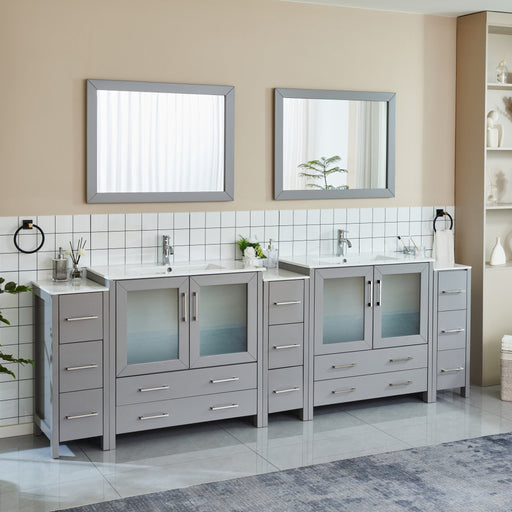 Brescia 108-inch gray double sink bathroom vanity with side cabinets and dual wall mirrors front view