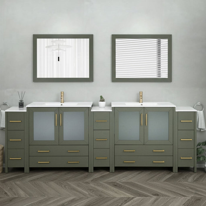 Brescia 108" Double Sink Modern Bathroom Vanity Set, 2 Shelves, 13 Drawers - Ceramic Top & Bathroom Cabinet with Two Free Mirrors - HomeBeyond