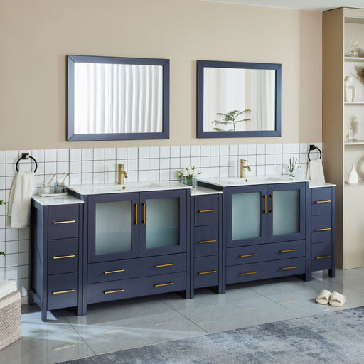 Brescia 108-inch double sink bathroom vanity in navy blue with gold hardware dual mirrors front view