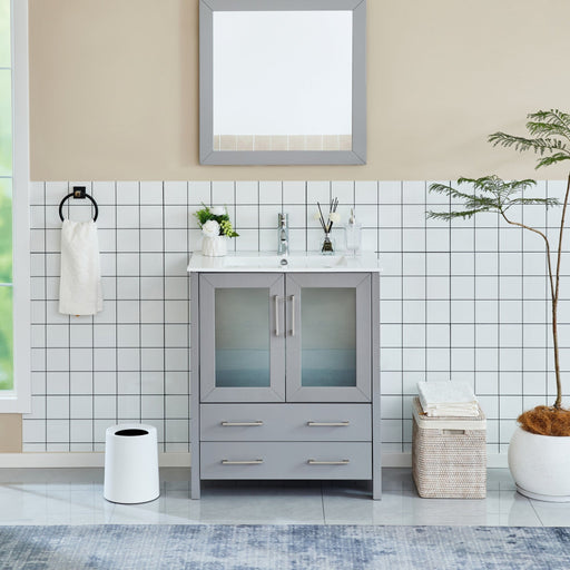 Brescia 30-inch gray bathroom vanity set with frosted glass doors, two drawers, and gray framed mirror, front view