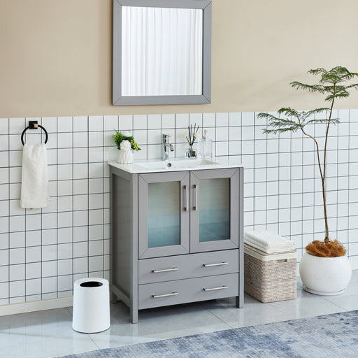 Brescia 30-inch gray single sink vanity with frosted glass doors and matching gray framed mirror, straight-on view