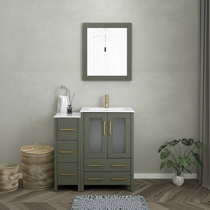Brescia 36" Single Sink Modern Bathroom Vanity Combo Set, 1 Side Cabinet 1 Shelf Ceramic Top Bathroom Cabinet with Free Mirror - HomeBeyond
