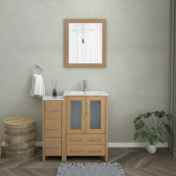 Brescia 36" Single Sink Modern Bathroom Vanity Combo Set, 1 Side Cabinet 1 Shelf Ceramic Top Bathroom Cabinet with Free Mirror - HomeBeyond