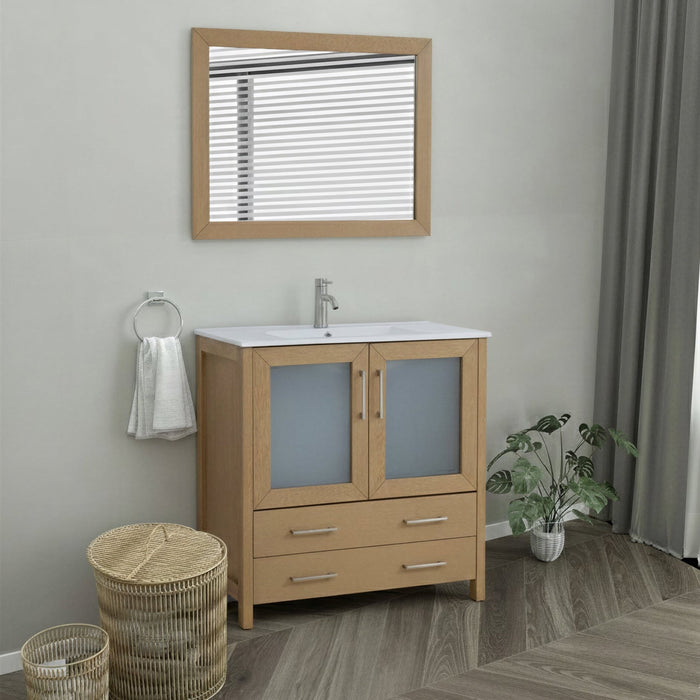 Brescia 36" Single Sink Modern Bathroom Vanity Set, 1 Shelf 2 Drawers Ceramic Top and Bathroom Cabinet with Free Mirror - HomeBeyond