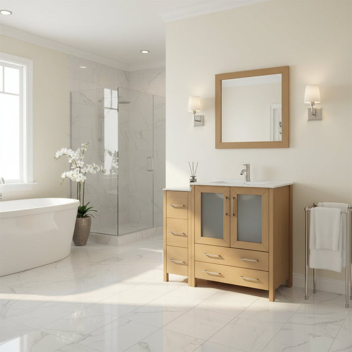 Brescia 42" Single Sink Bathroom Vanity Set and Mirror, 2 Doors, 5 Drawers with White Ceramic Top Perfect Bathroom Organizer - HomeBeyond