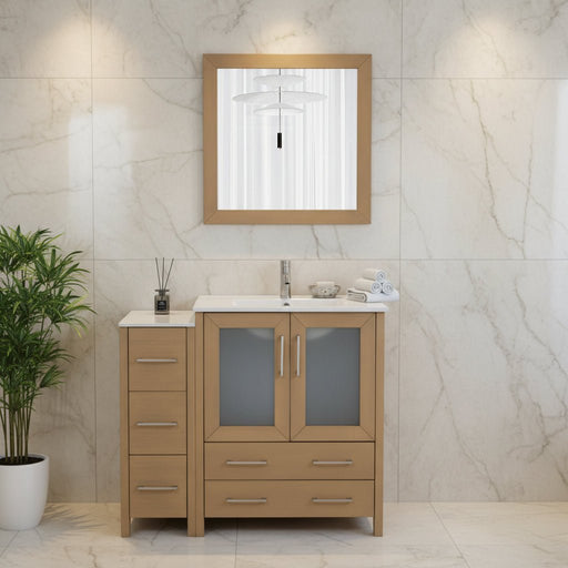 Brescia 42" Single Sink Bathroom Vanity Set and Mirror, 2 Doors, 5 Drawers with White Ceramic Top Perfect Bathroom Organizer - HomeBeyond