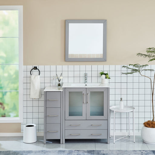 Brescia 42-inch gray single sink bathroom vanity set with side cabinet and square mirror in beige-tiled bathroom