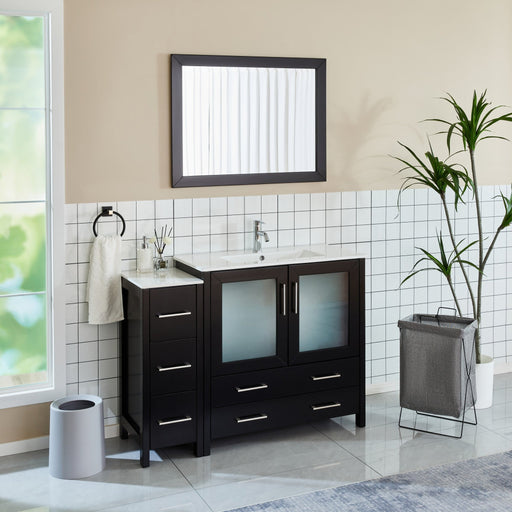 Brescia 48 inch espresso bathroom vanity with side cabinet and large framed mirror front view