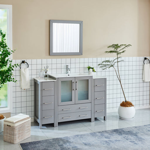 Brescia 54-inch gray single sink bathroom vanity combo with mirror and side cabinets, front view in tiled bathroom