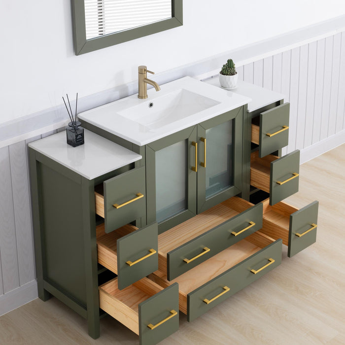Brescia 54" Single Sink Bathroom Vanity Combo Set, Modern 8 Drawers 1 Shelf 3 Cabinets White Ceramic Top Under Sink Vanity with Mirror - HomeBeyond