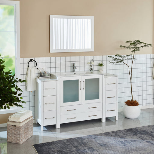 Brescia 60 inch white bathroom vanity set with mirror, frosted glass cabinet doors and chrome pulls, front view